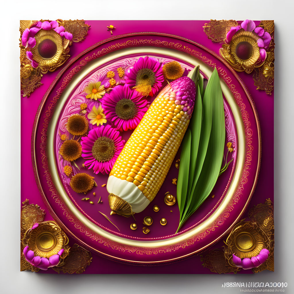 Corn cob with kernels on vibrant purple and gold plate with flowers & ornaments