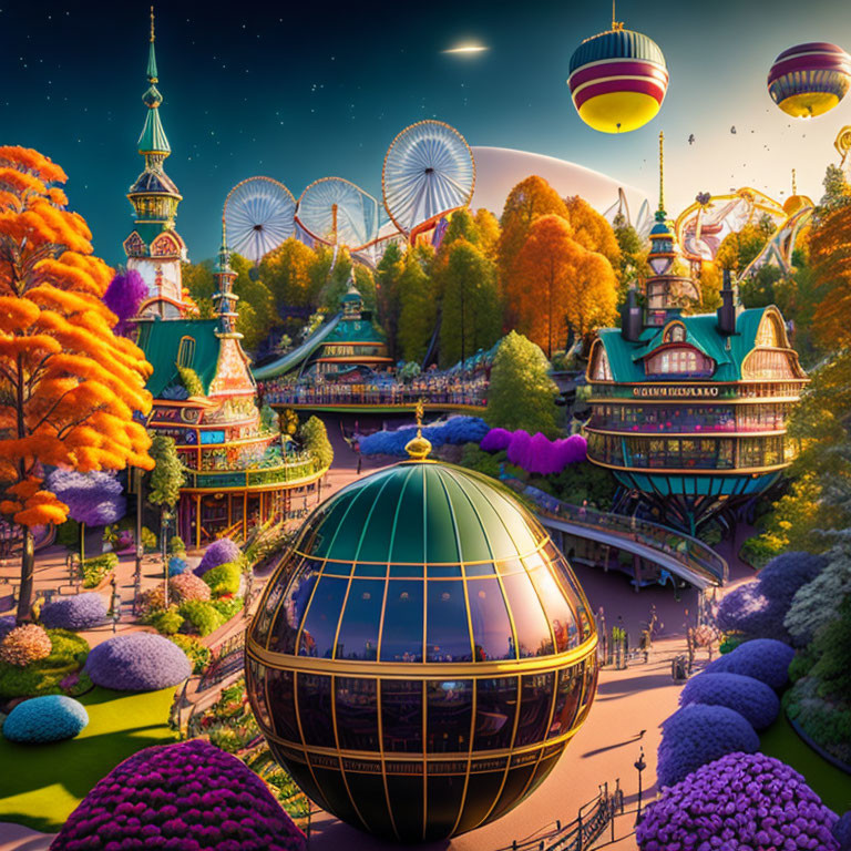 Fantastical amusement park with whimsical architecture and autumn trees