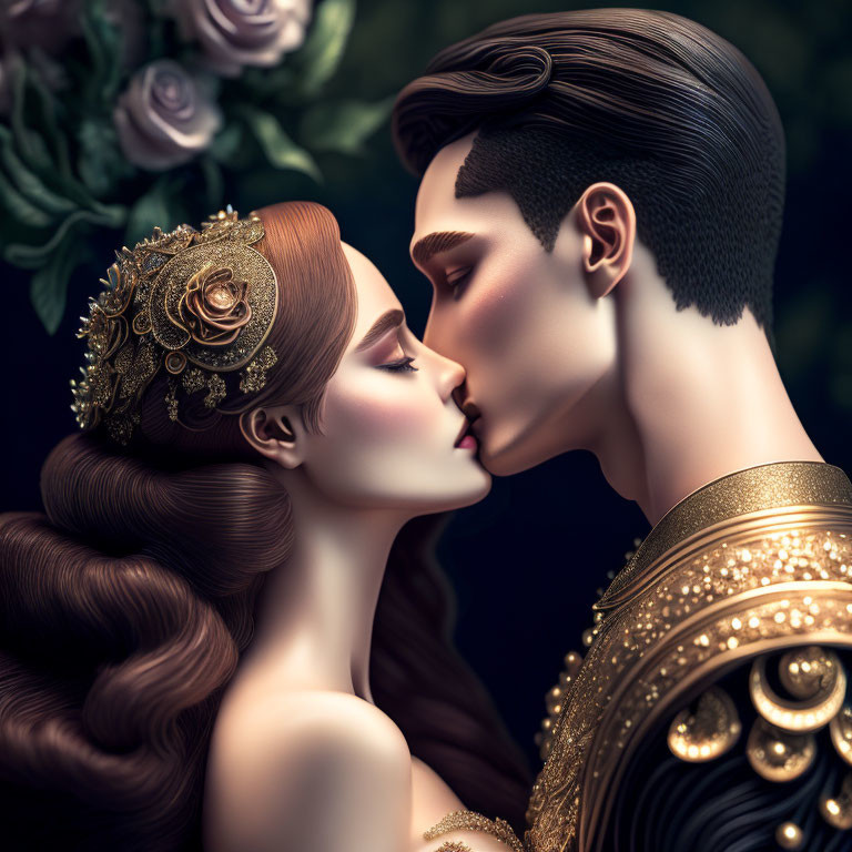 Stylized couple in intimate embrace with regal/fantasy themes