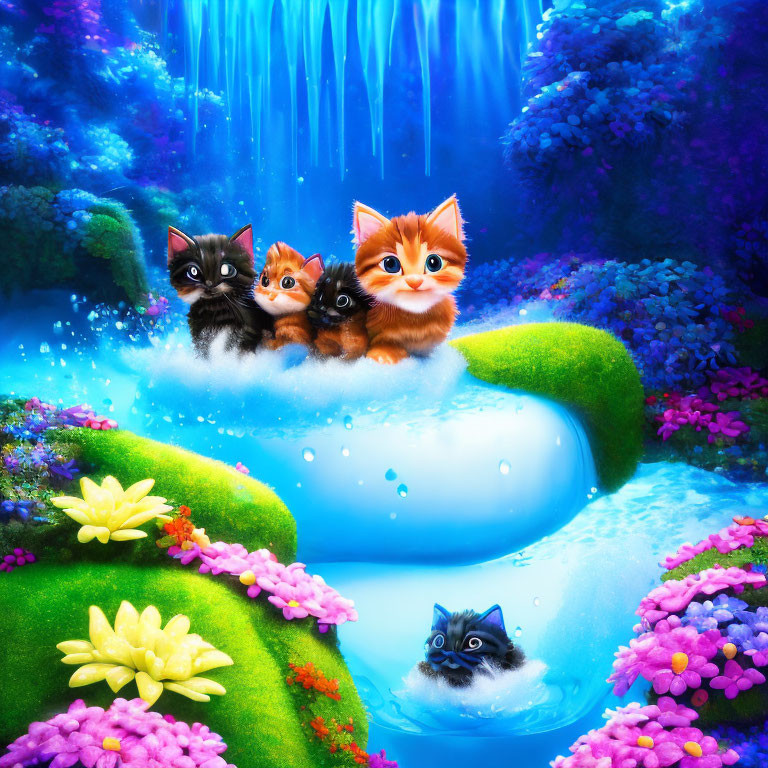 Three fluffy kittens on a log above a river with a waterfall, vibrant blue and pink flowers.