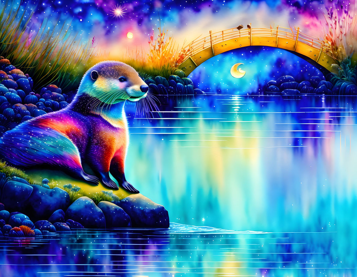 Iridescent otter by riverbank at twilight with bridge and crescent moon