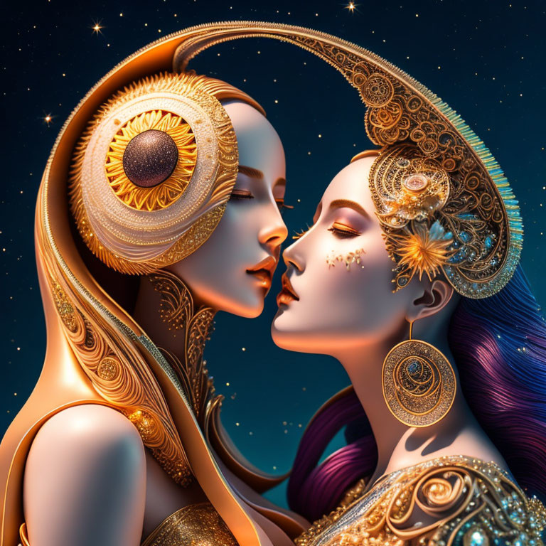 Stylized female figures with gold celestial headpieces on starry night backdrop