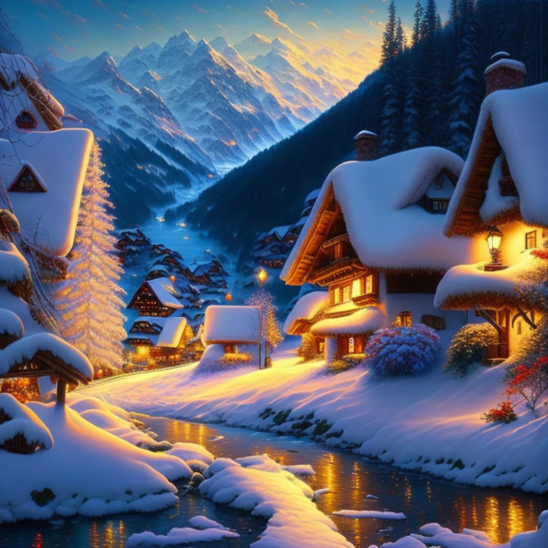 Winter scene: Snow-covered cottages near river, alpine trees, mountains at dusk