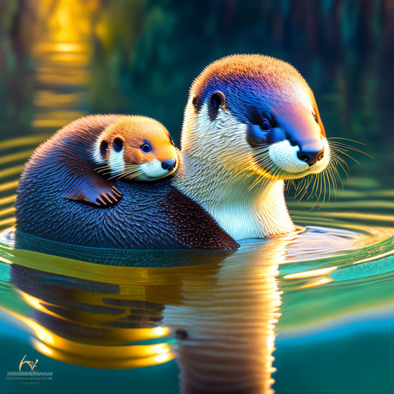 Digital Illustration: Two Otters Floating in Water