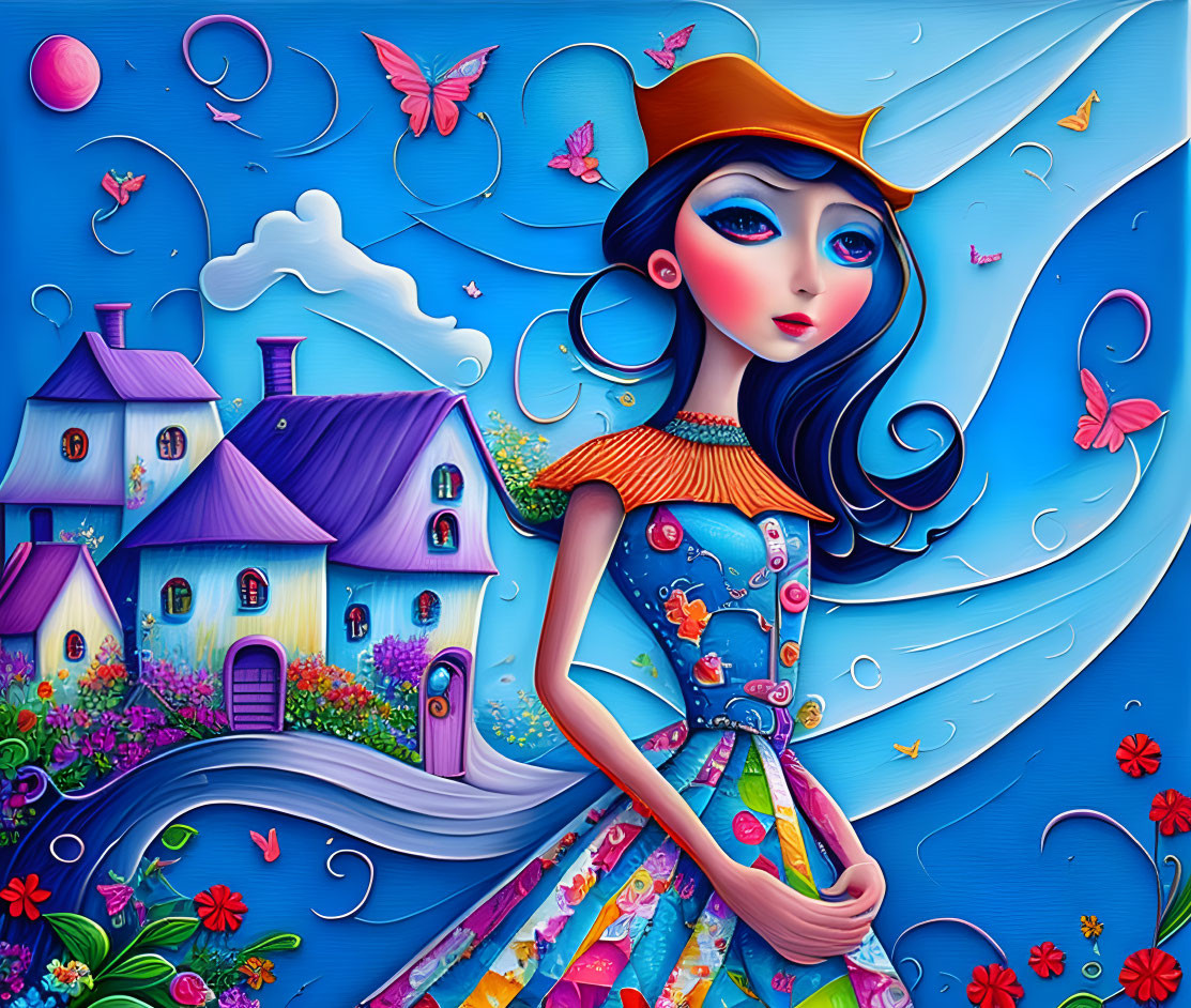 Whimsical illustration of a girl in a beret with big blue eyes amid vibrant landscape