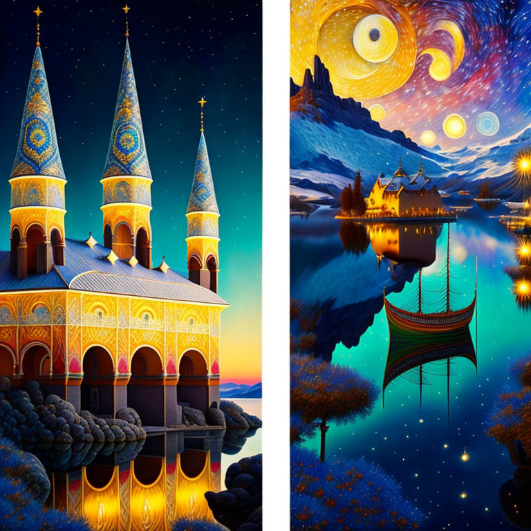 Split-image Artwork: Detailed Palace & Starry Landscape with Boat