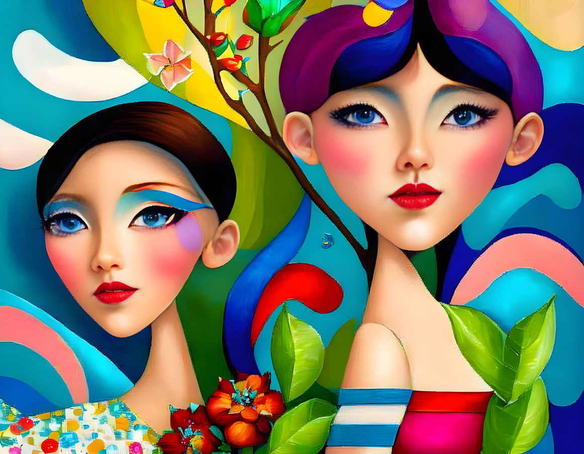 Colorful digital artwork featuring two stylized women with vibrant makeup and hair, set against whimsical shapes