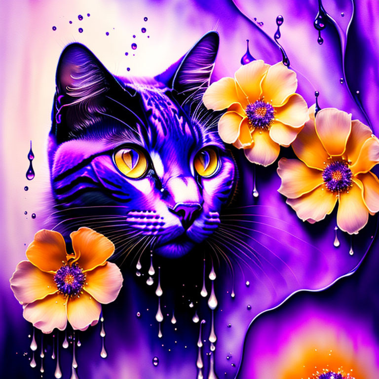 Colorful digital artwork: Black cat with yellow eyes in purple and orange floral setting.