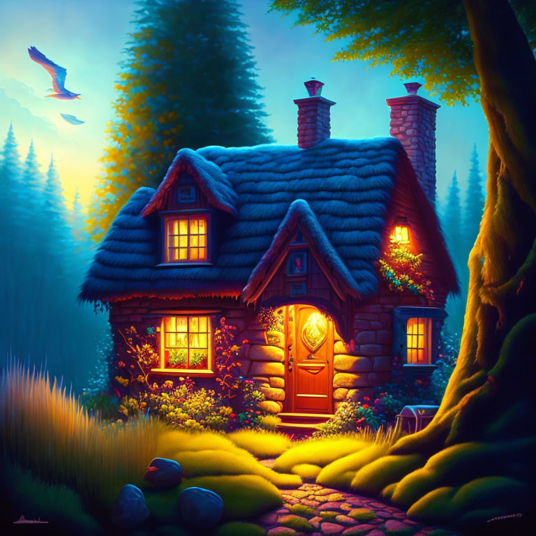 Thatched Roof Cottage in Mystical Forest Twilight