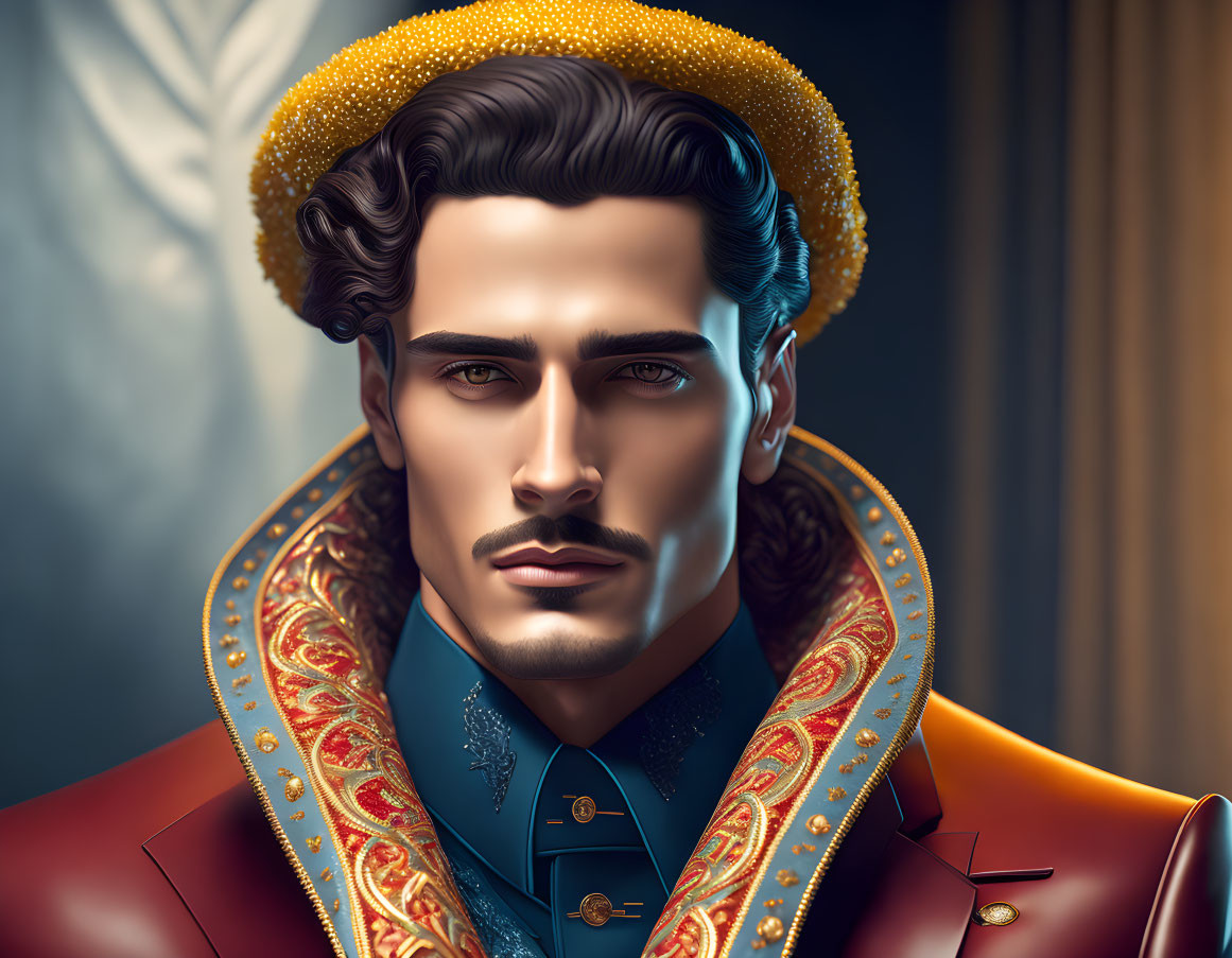 Regal man with dark hair in golden crown and red cloak.