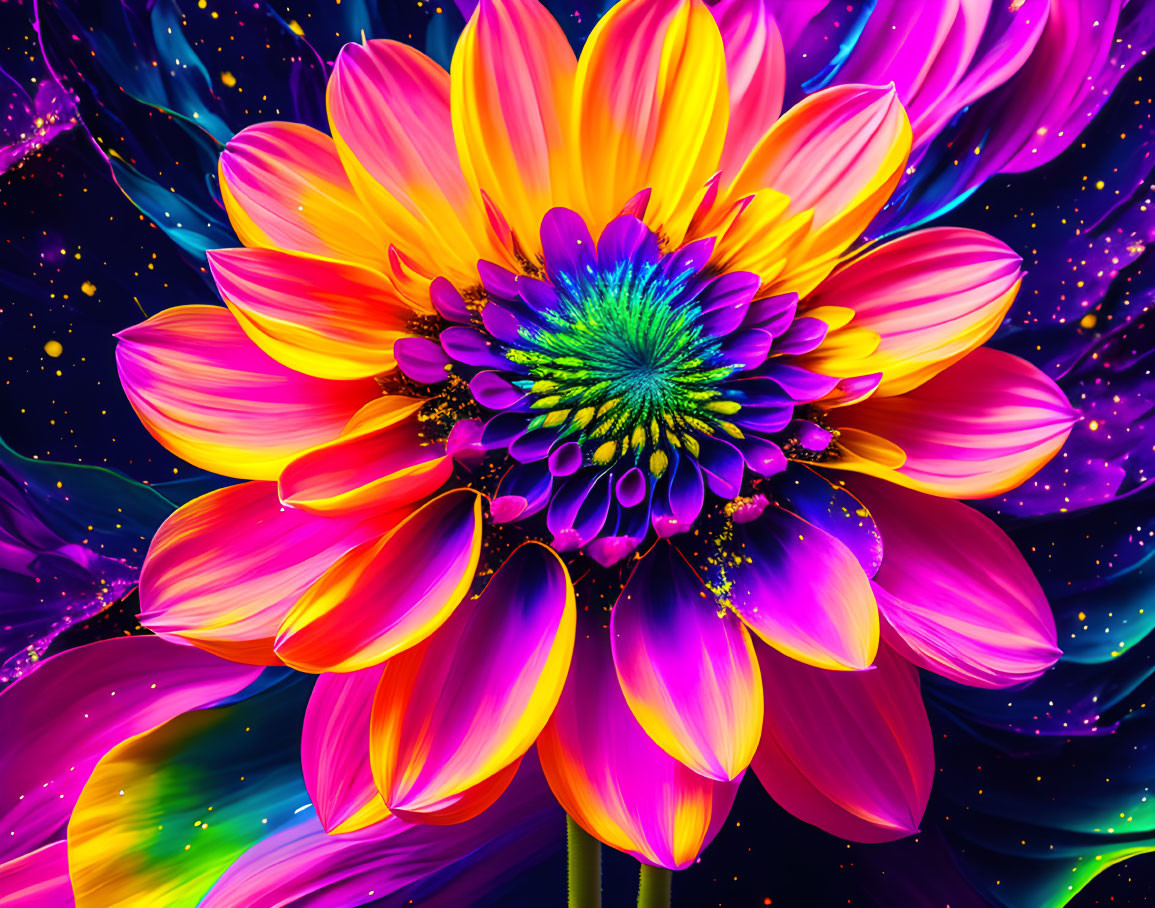 Colorful Flower with Neon Pink and Yellow Petals on Psychedelic Background