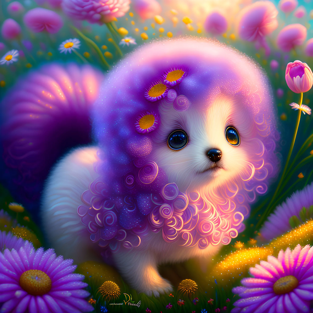 Whimsical purple creature with big eyes in colorful flower field