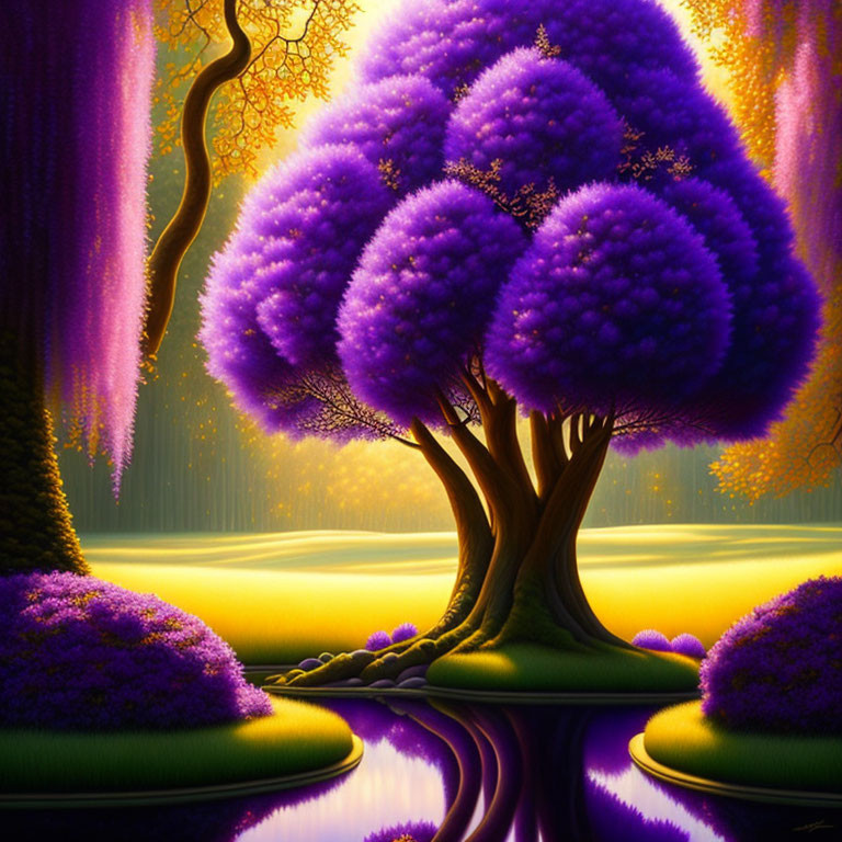 Colorful whimsical purple tree reflected in water on golden yellow backdrop