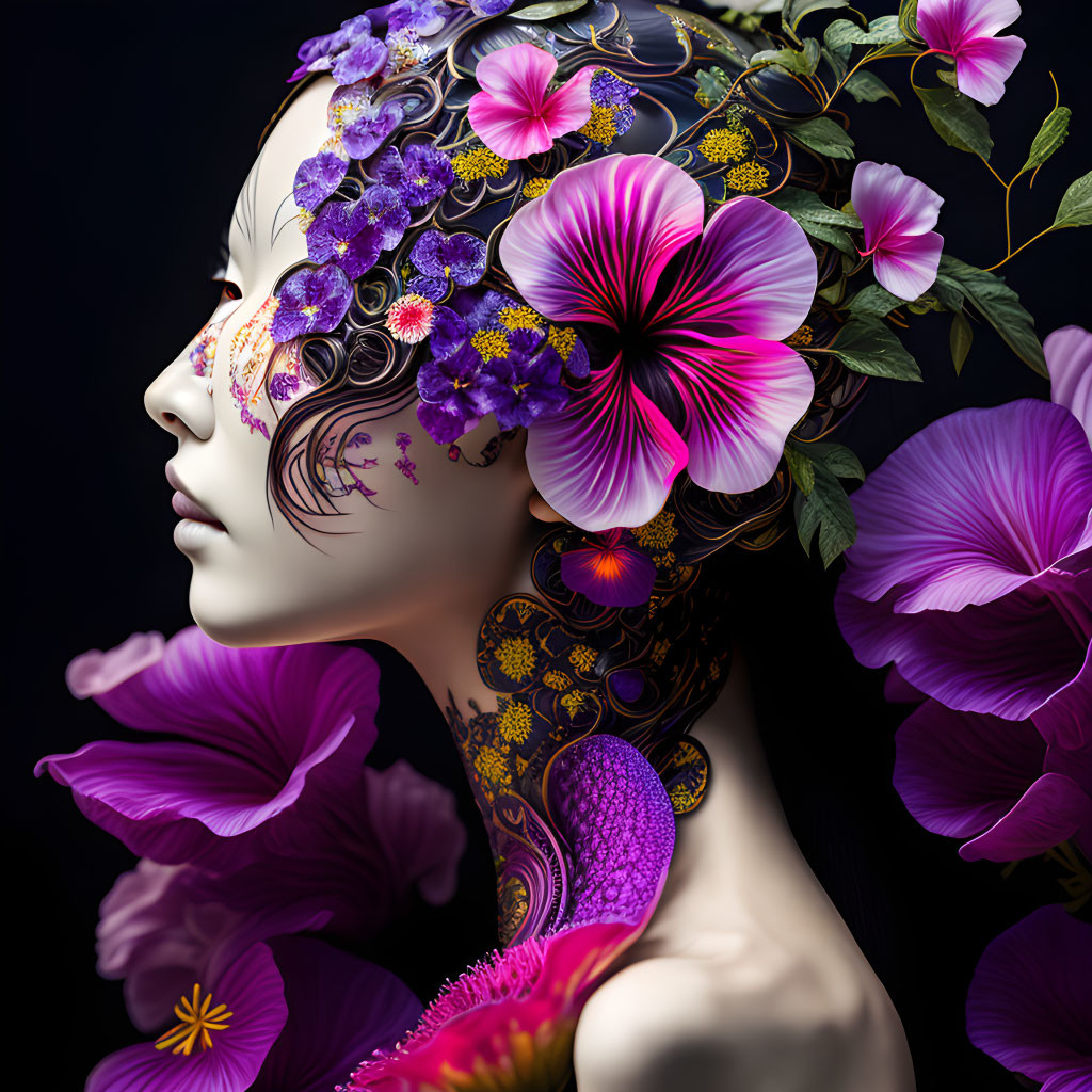 Profile portrait adorned with vibrant flowers and golden patterns