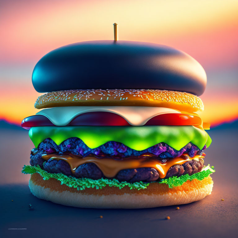 Colorful Stylized Cheeseburger Image Against Sunset Sky