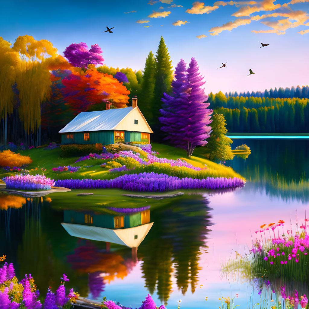 Colorful Cottage by Lake with Birds and Flowers