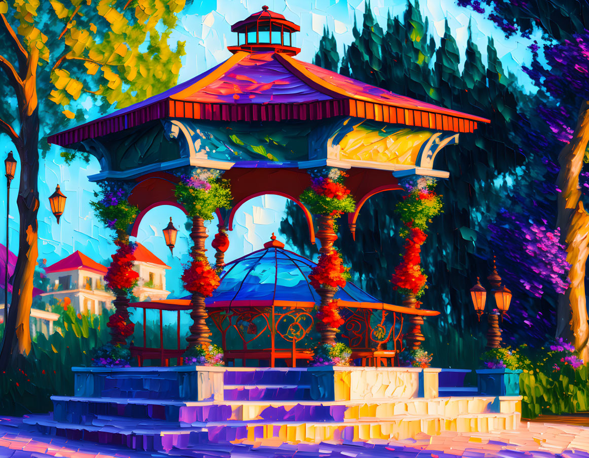 Vibrant gazebo illustration with flowers in a park setting