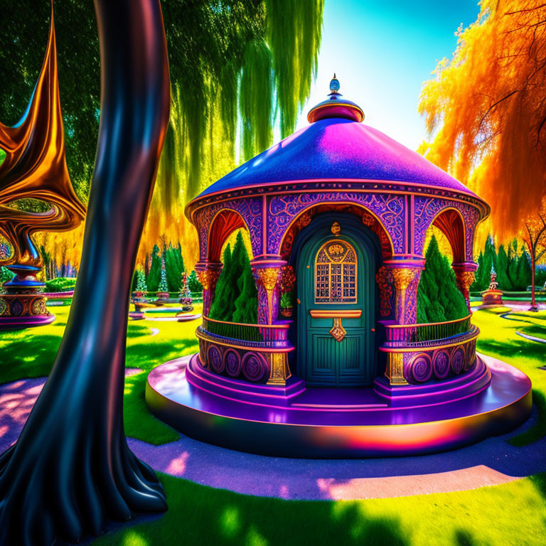 Colorful Whimsical Gazebo in Fantastical Garden Scene