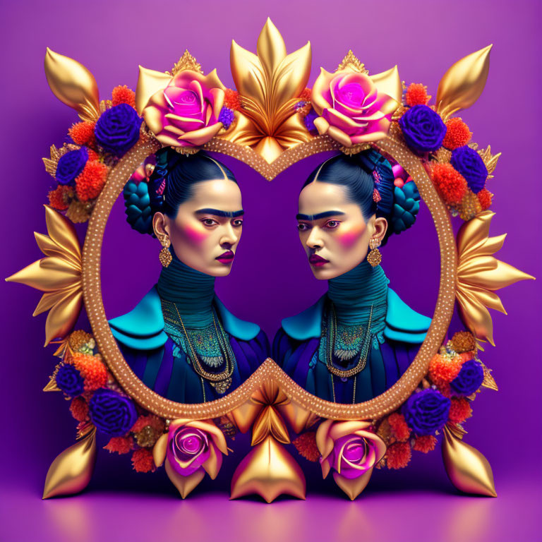 Symmetrical Woman Portraits in Floral Frame on Purple Background