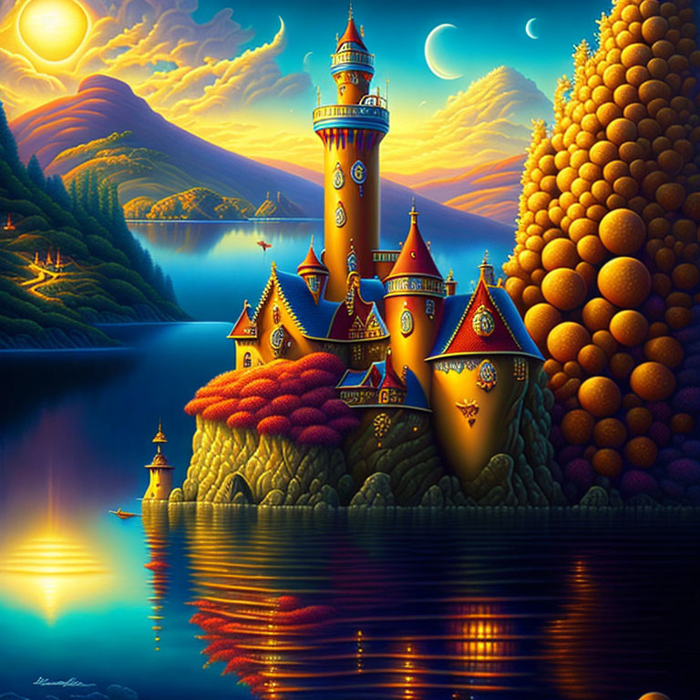 Fantasy castle with ornate towers by lake, lush hills, setting sun, crescent moon,