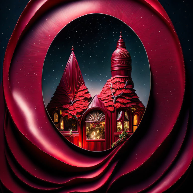 Whimsical red buildings in surreal spiral frame under starry night sky