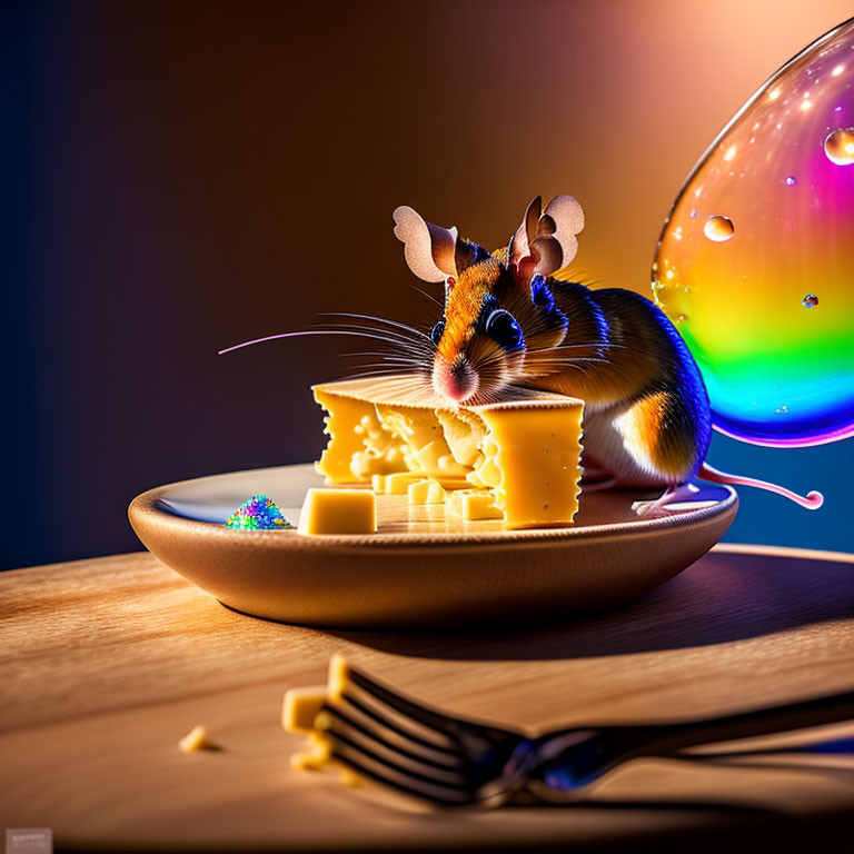 Digital art: Mouse with large ears eating Swiss cheese on plate with fork and bubble