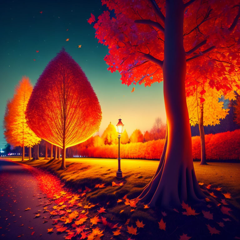 Fiery Foliage and Streetlights Illuminate Autumn Twilight