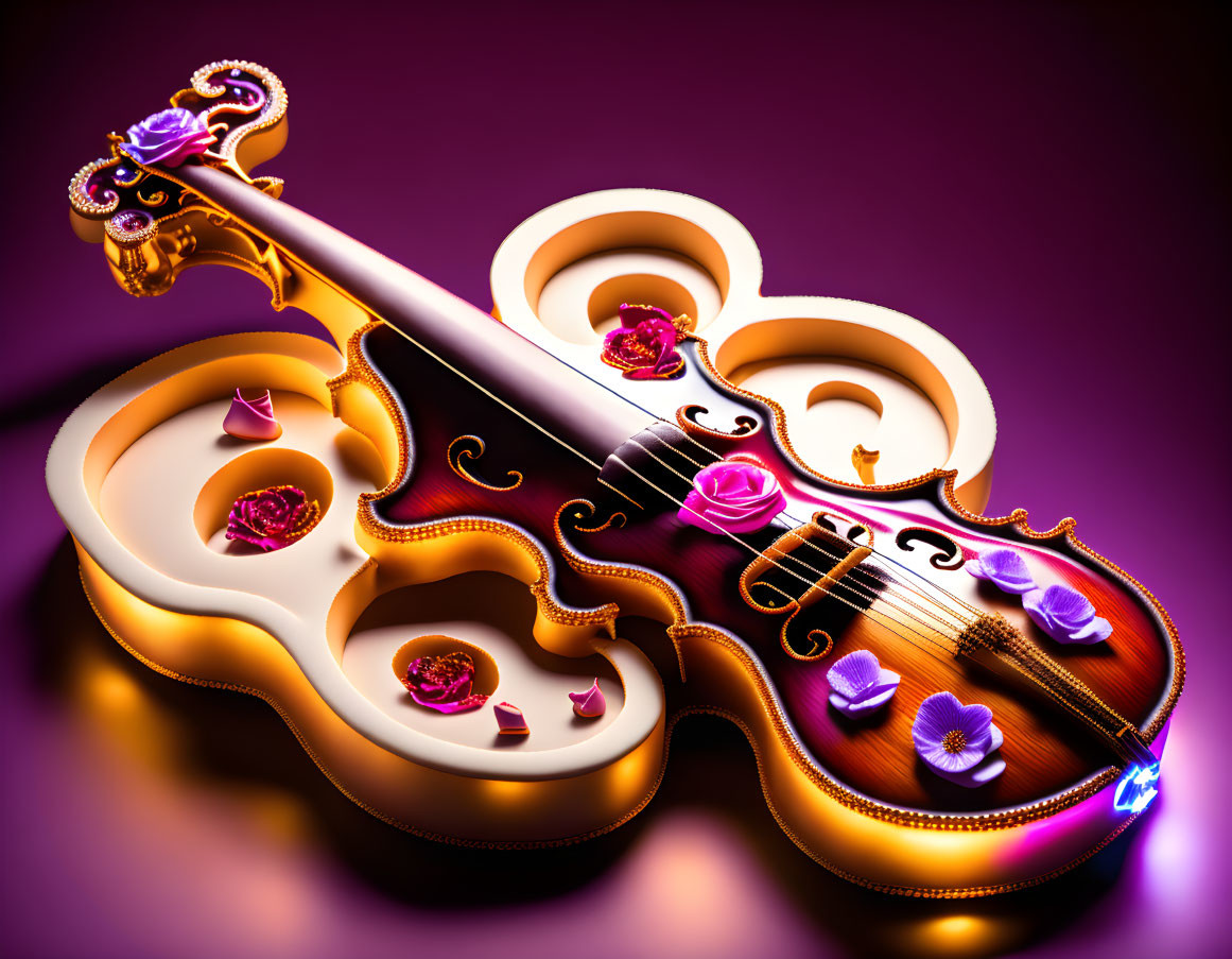 Vibrant violet and rose embellished violin on purple backdrop with golden spirals