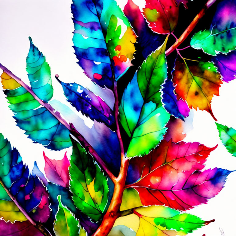 Colorful Watercolor Painting of Vibrant Leaves in Blue, Purple, Green, Yellow, and Red