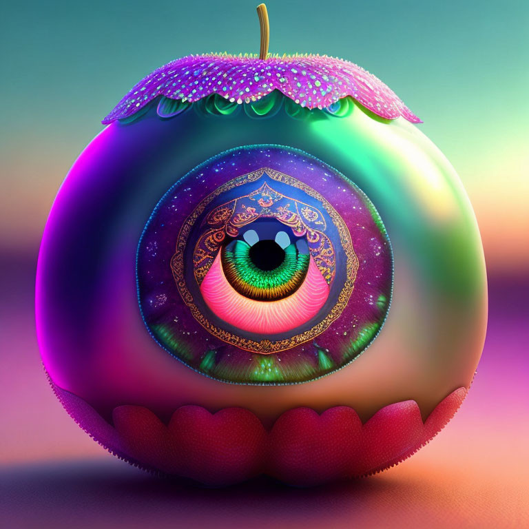 Colorful digital artwork: Apple with human eye and lips on gradient background