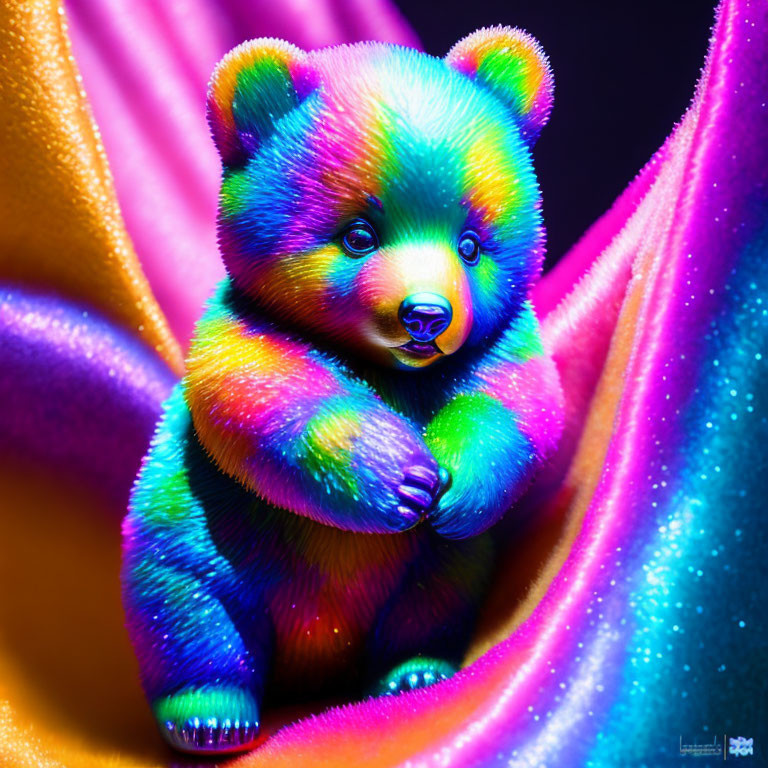 Colorful Bear with Iridescent Fur Against Luminous Background