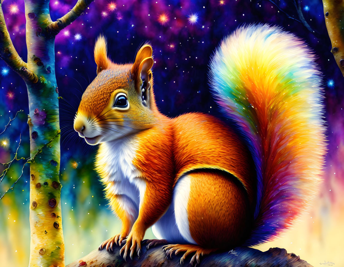 Colorful Illustration: Squirrel with Fluffy Tail on Branch against Starry Sky