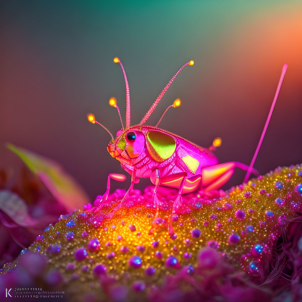 Colorful Grasshopper Image with Glowing Details on Dewy Surface