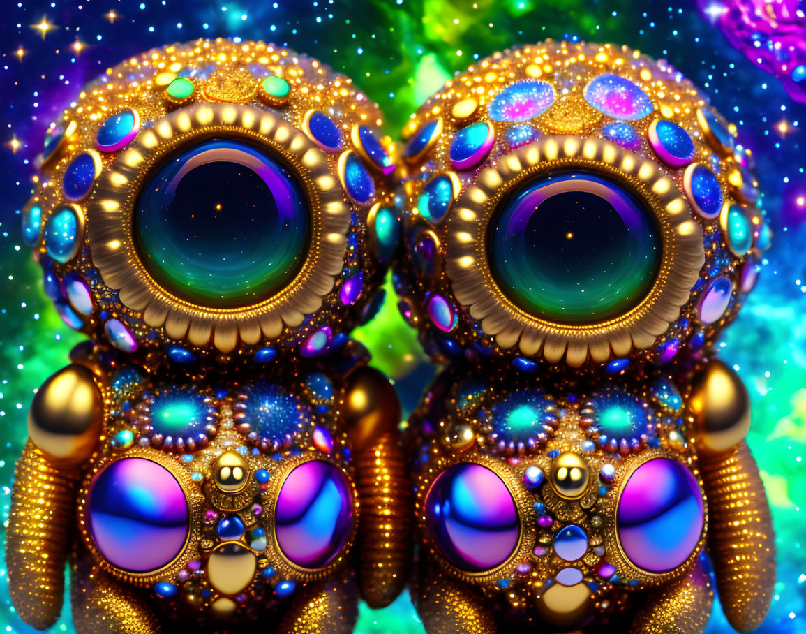 Ornate alien figures with vibrant gems on cosmic nebula background