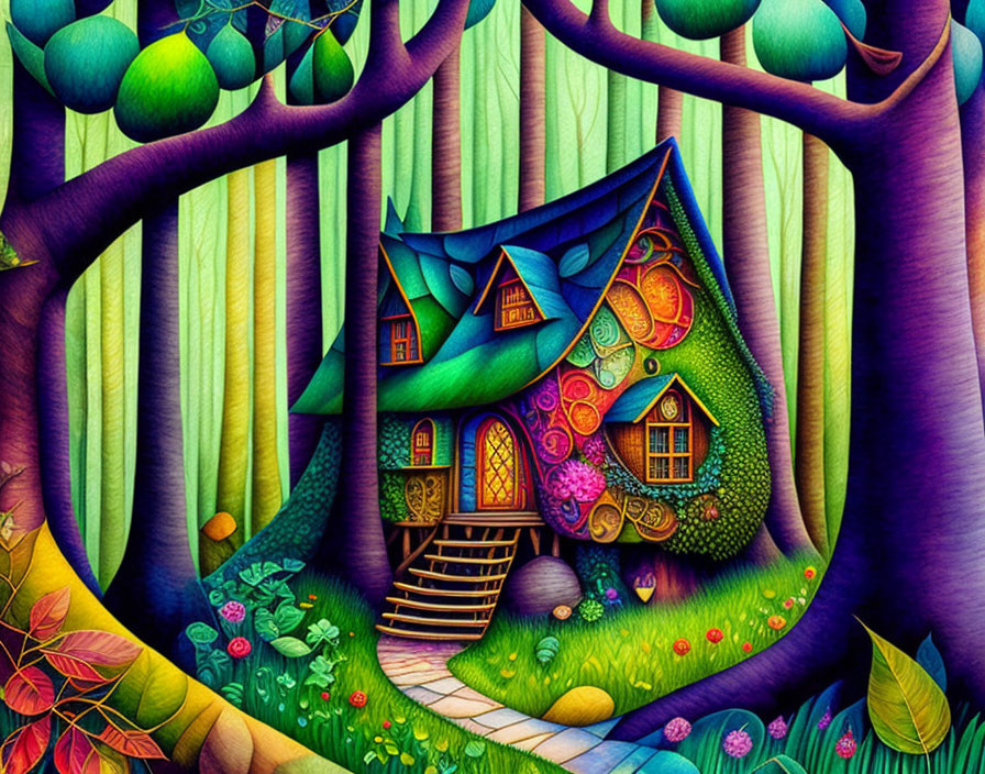 Vibrant stylized forest scene with treehouse and lush foliage