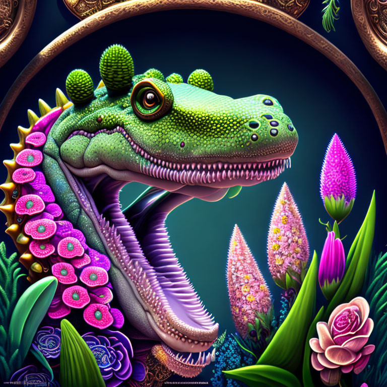 Colorful illustration of green reptilian creature with floral adornments on dark background.