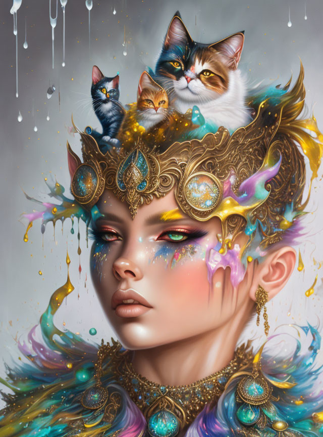 Colorful melting makeup woman with golden headdress and cat eyes on grey backdrop