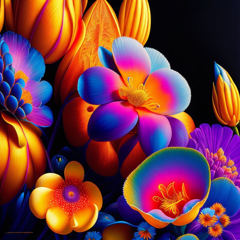 Colorful digital painting: stylized flowers, neon gradients, intricate patterns on dark background