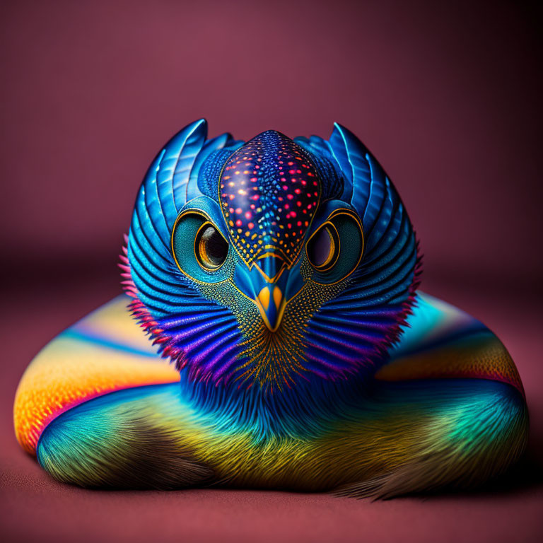 Vibrant owl art with intricate patterns in blue, orange, and yellow