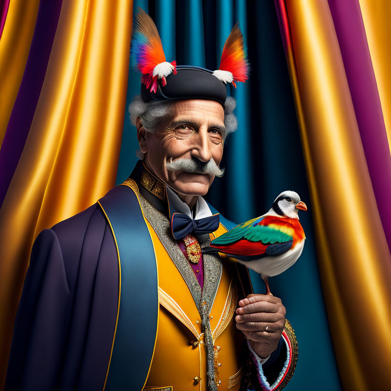 Colorful ceremonial uniform man holding vibrant bird against draped curtains