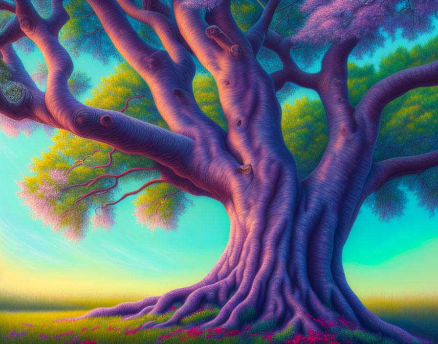 Surreal painting of massive purple tree in dreamlike landscape