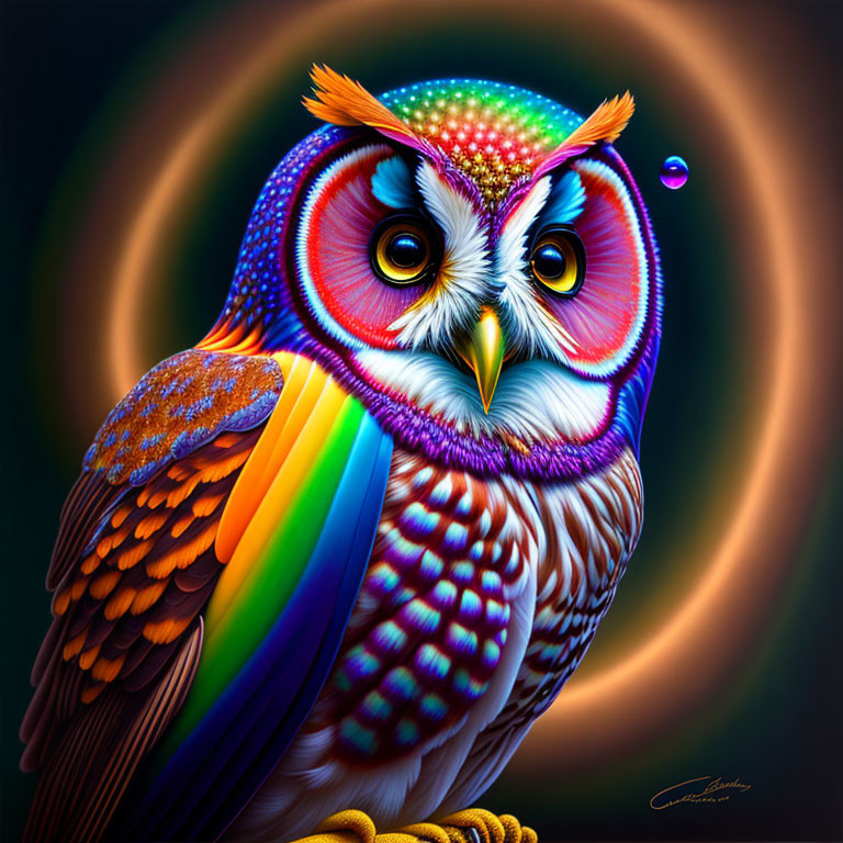 Colorful Owl Illustration with Rainbow Feathers and Hypnotic Aura