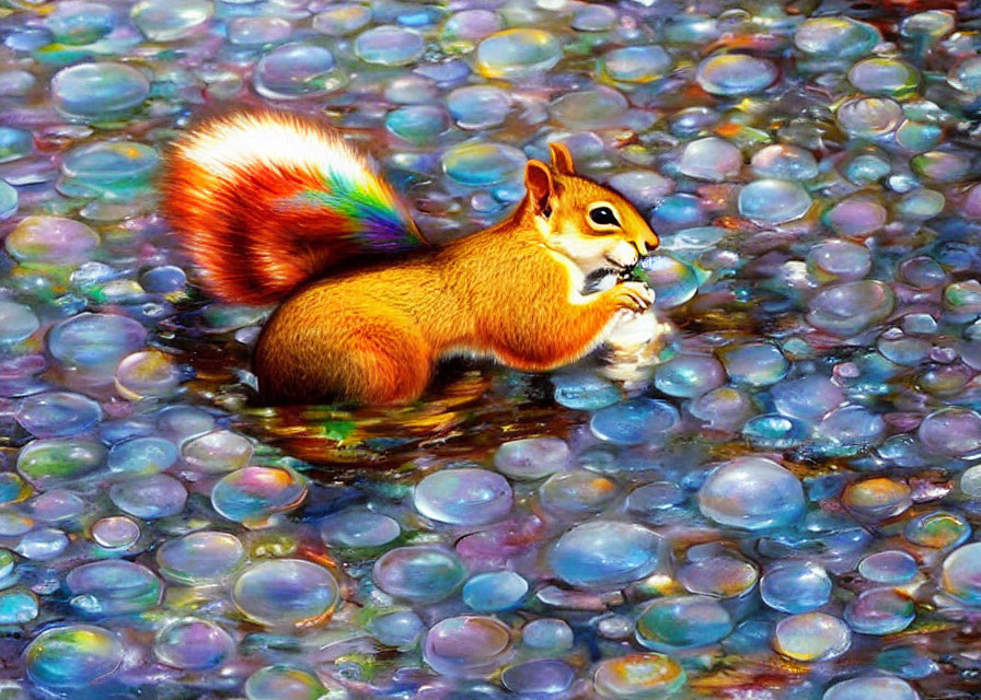 Colorful Squirrel on Rainbow Marbled Orbs Eating - Description