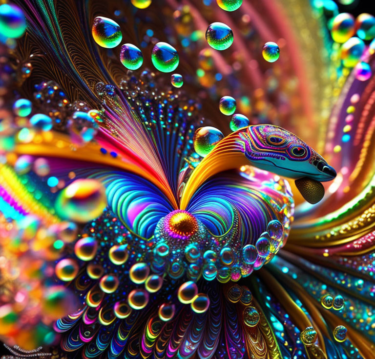 Colorful digital artwork: Peacock-like figure with intricate feather patterns and iridescent bubbles