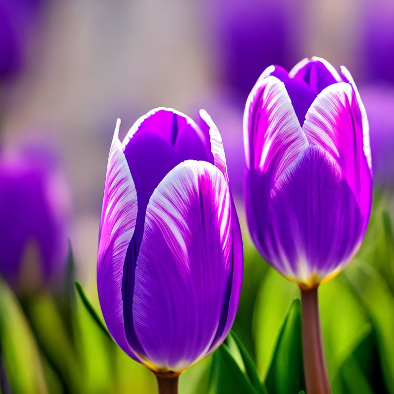 Vibrant purple tulips with white stripes in soft sunlight against blurred background