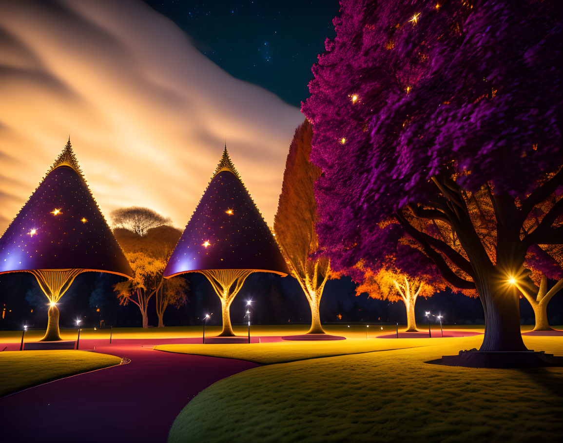 Vibrant purple foliage and illuminated conical trees in a starry night park