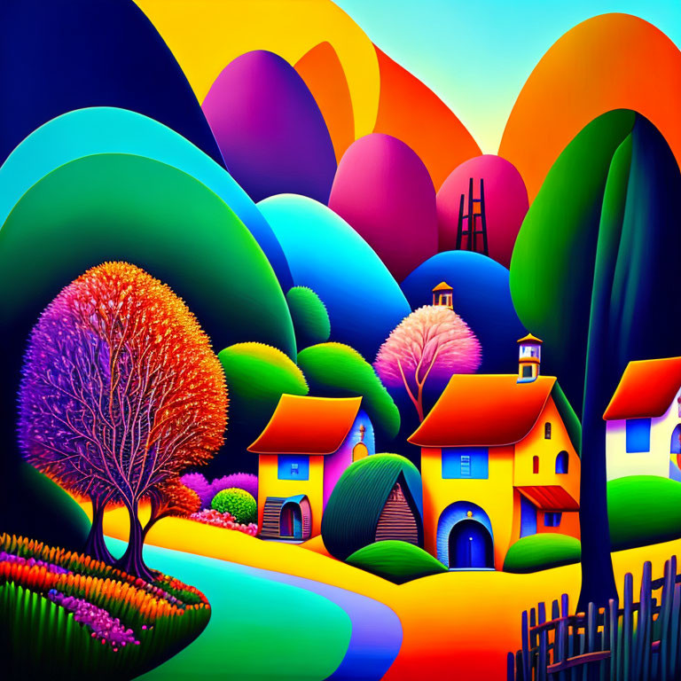 Colorful landscape with whimsical hills, red tree, stylized houses, and path under multi-h