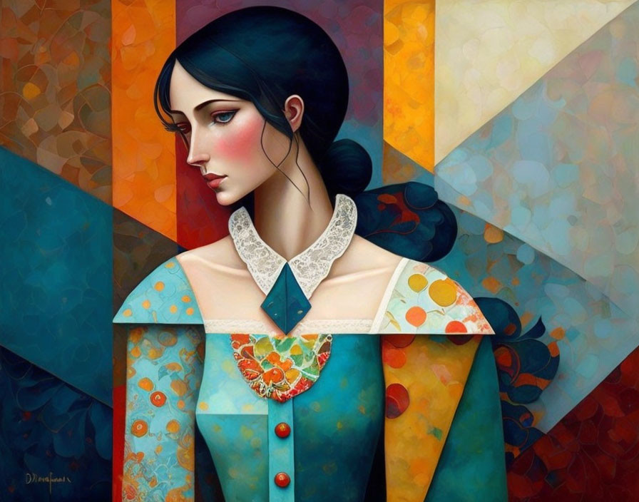 Colorful Portrait of Woman in Geometric Dress with Lace Collar