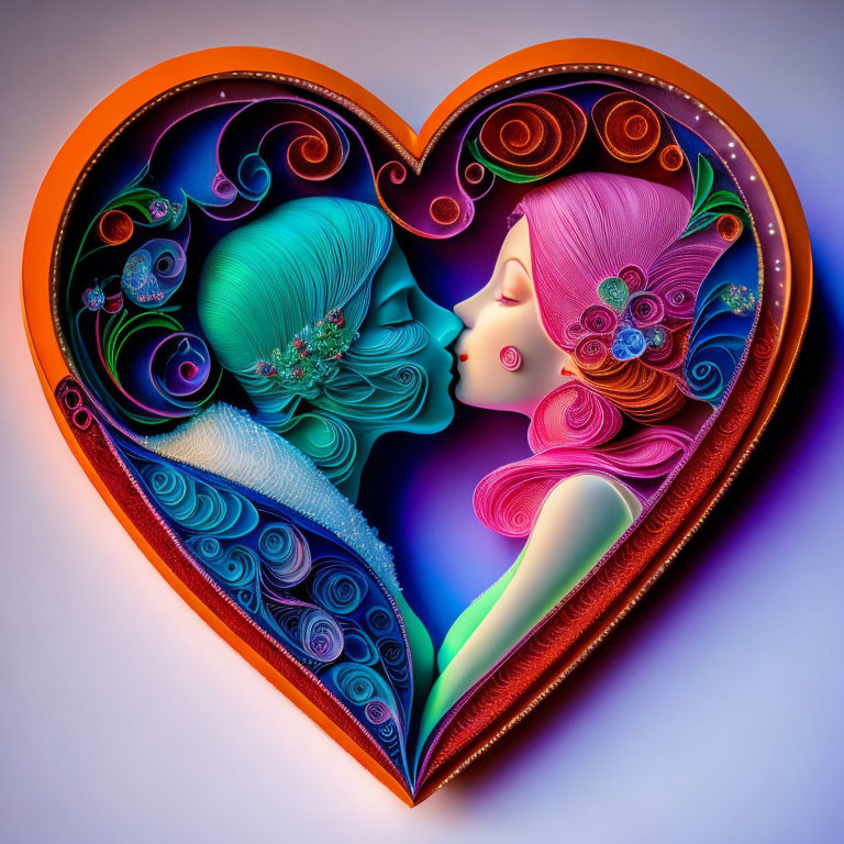 Stylized 3D heart illustration with man and woman profiles in intricate floral patterns