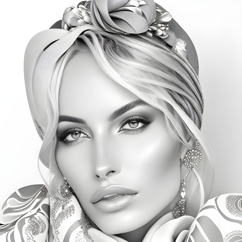 Monochromatic portrait of a woman with floral headscarf and intricate earrings